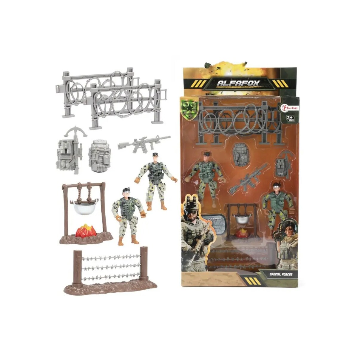 Toi-Toys ALFAFOX Spielset - Feuer mit 2 Figuren, Lagerfeuer, Gewehr, Rucks&auml;cken & Z&auml;unen, ab 3 Jahren 