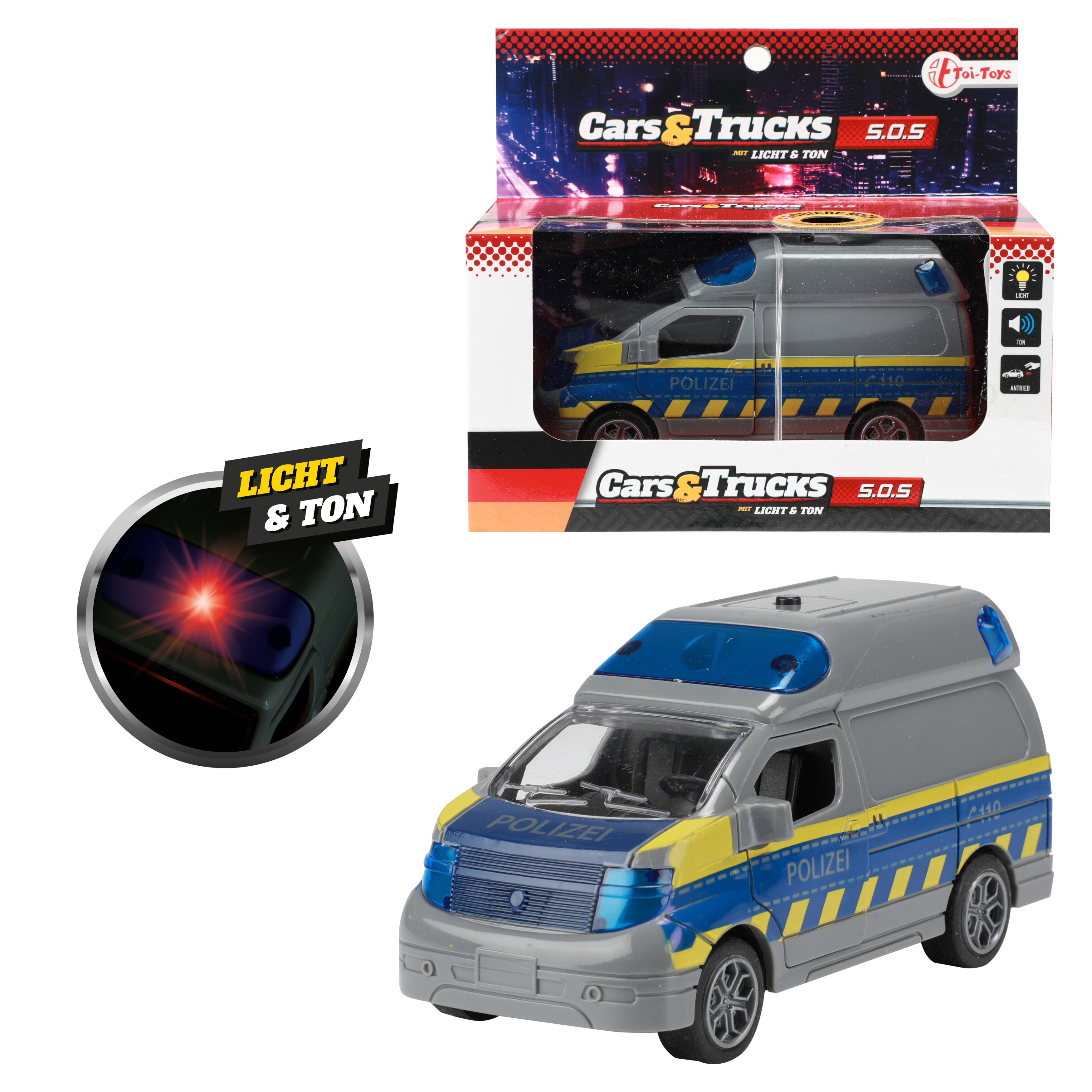 Toi-Toys 23742B - Spielzeugauto - Polizeibus S.O.S mit R&uuml;ckzugsmotor (mit Licht & Ton) Police Polizei 