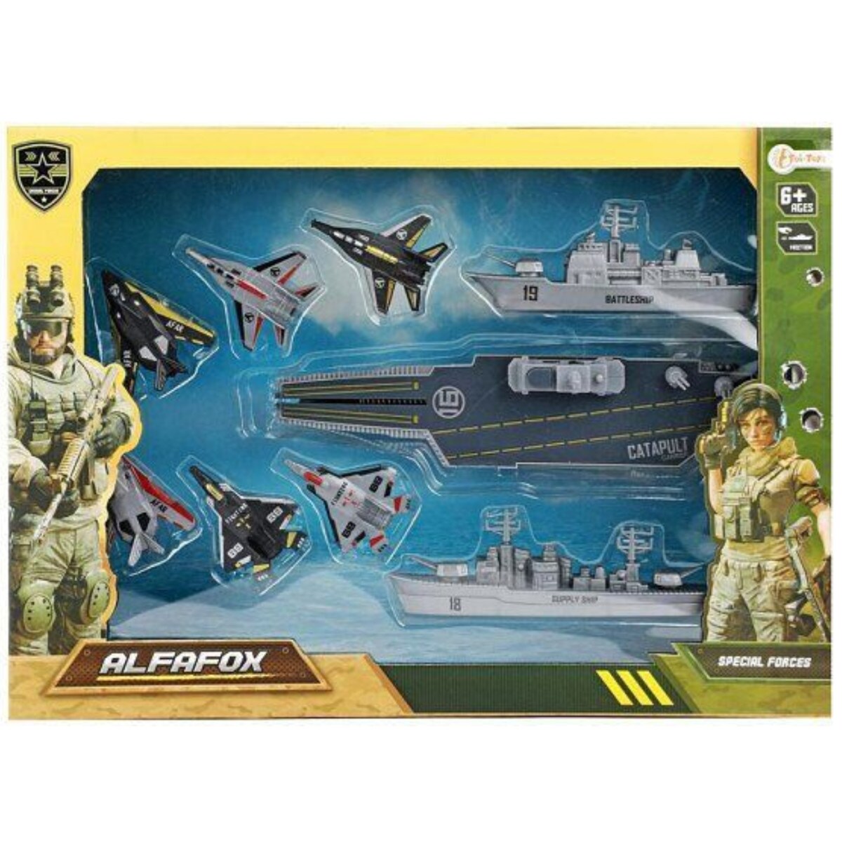 Toi-Toys ALFAFOX Milit&auml;r Flugzeugtr&auml;ger &ndash; Set mit Abschuss-Kampfjets & Booten ab 6 Jahren 