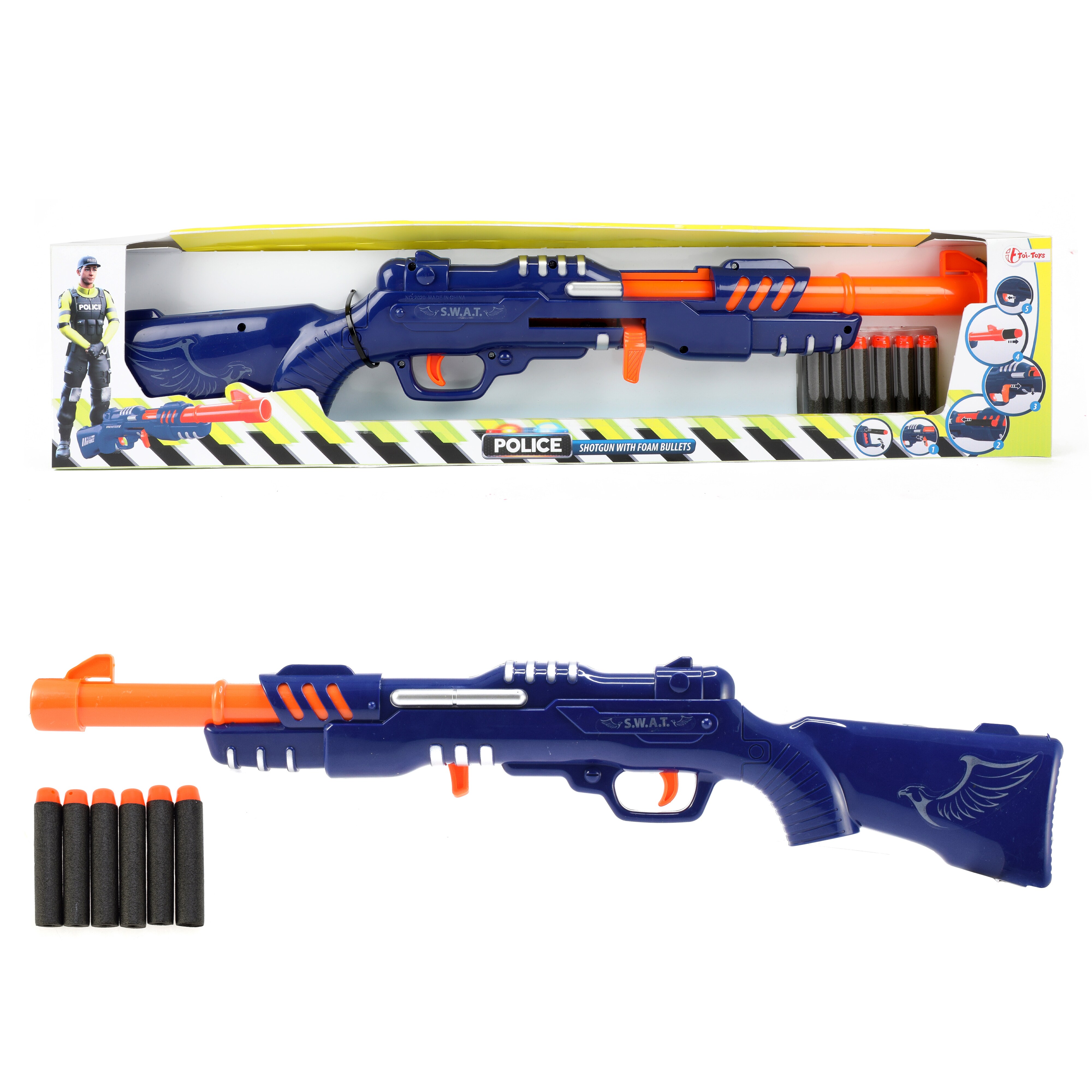 Toi-Toys 32587B - Polizei Gewehr (blau) mit 6 Schaumstoffpfeilen Police Kinderspielzeug Spielzeuggewehr 