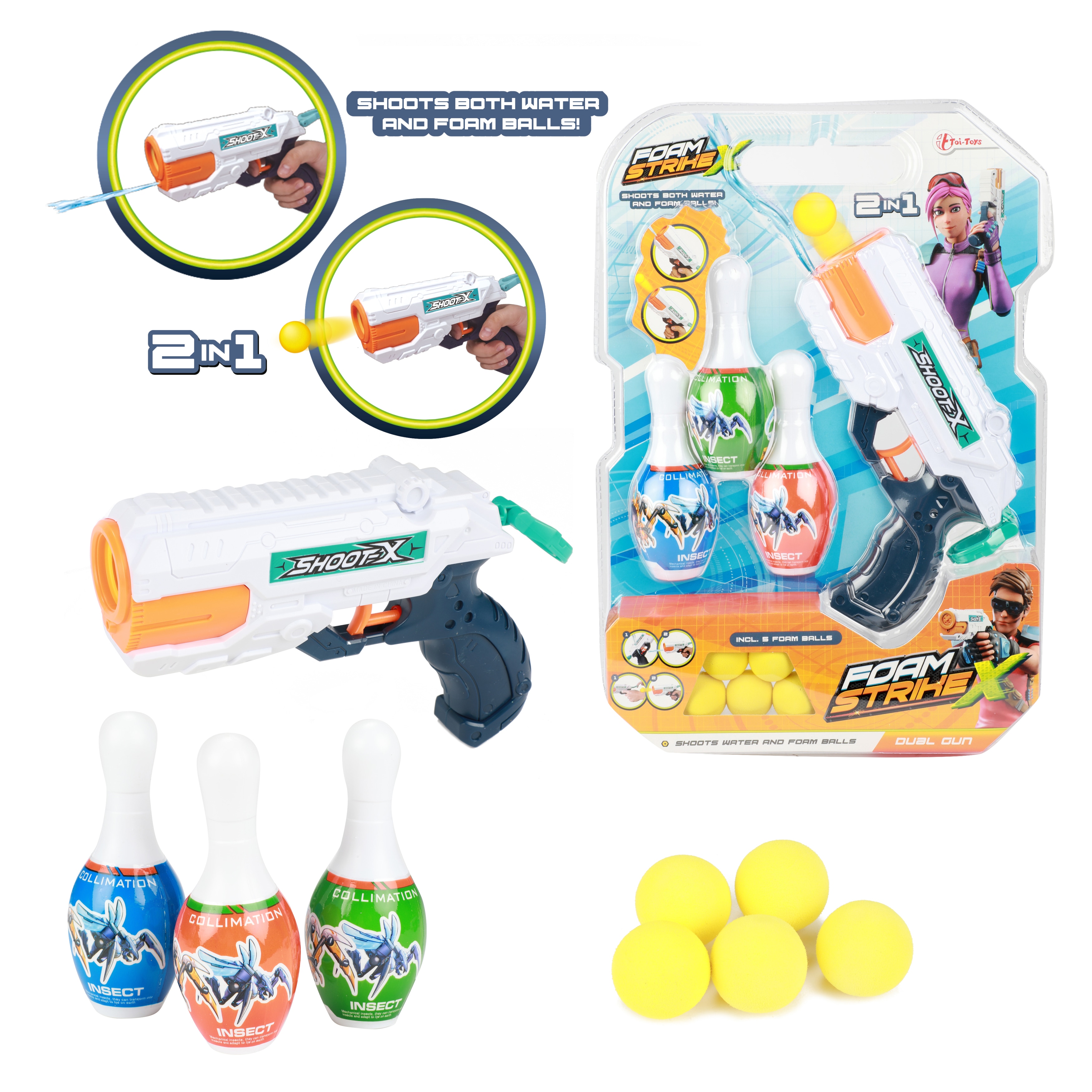 Toi-Toys 32743A - FOAM STRIKE X Set - Wasserpistole mit 5 B&auml;llen und 3 Kegeln Wasserspielzeug Wasser 