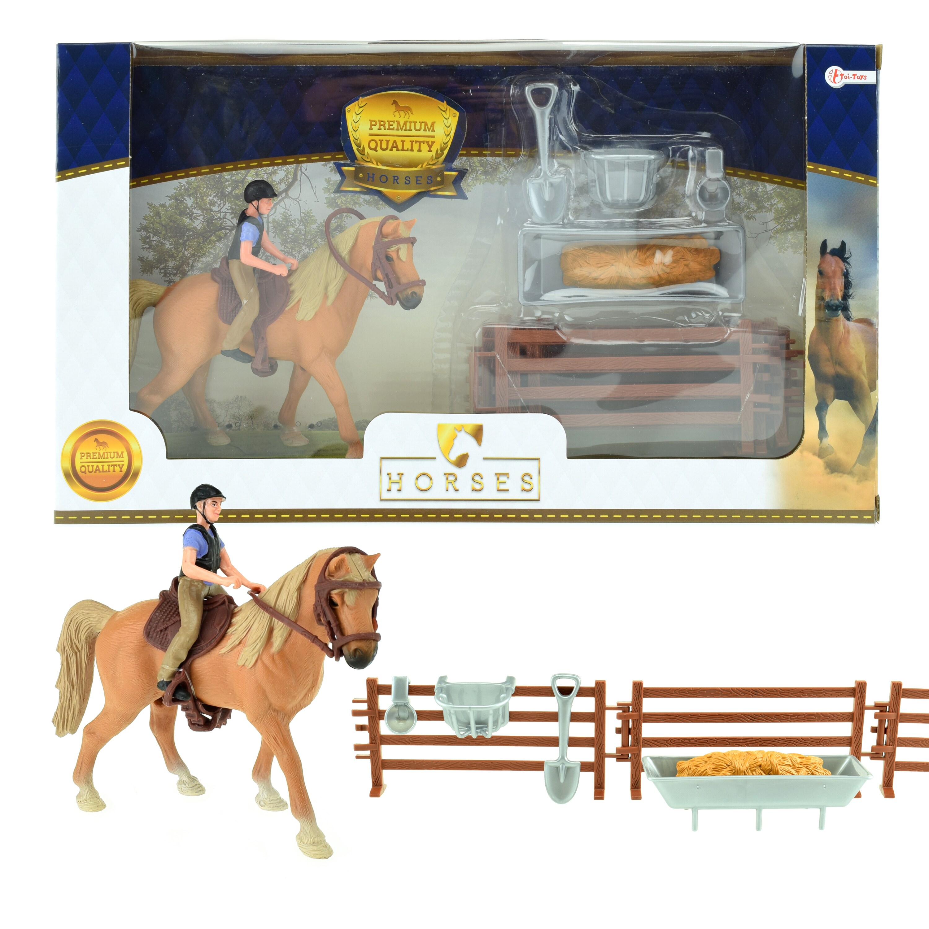 Toi-Toys 37160A  - Braunes Pferd mit Reiter und Zubeh&ouml;r Horse Horses Pferdestall Zaun Pferdeset Reiterset 