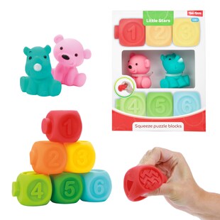 Toi-Toys 71003A - Little Stars - 6 Baby Quietsch-Stapelblöcke und 2 Gummitiere Kleinkinderspielzeug 