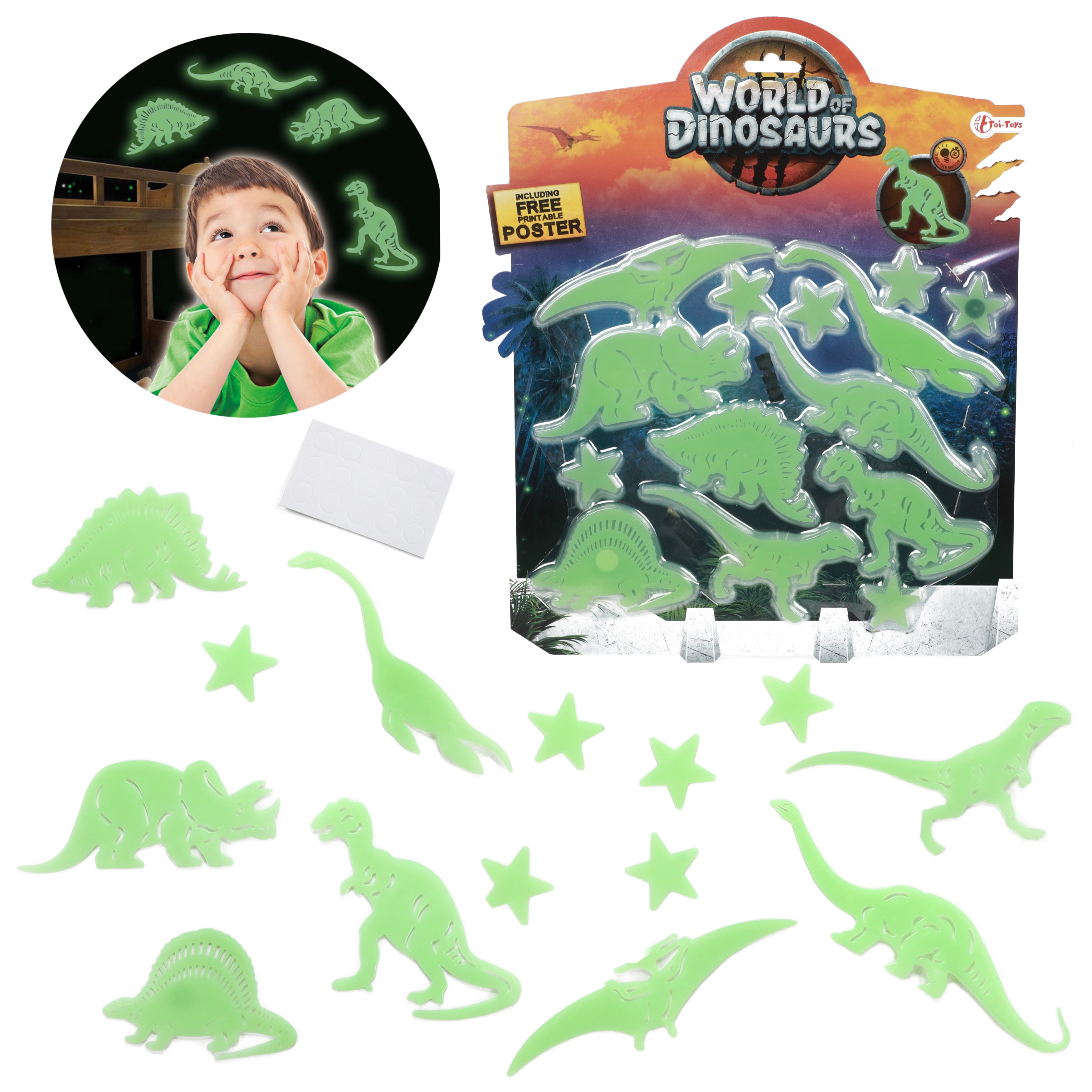 Toi-Toys - WORLD OF DINOSAURS - Fluoreszierende Dino-Aufkleber Dinosaurier leuchtend Sticker 