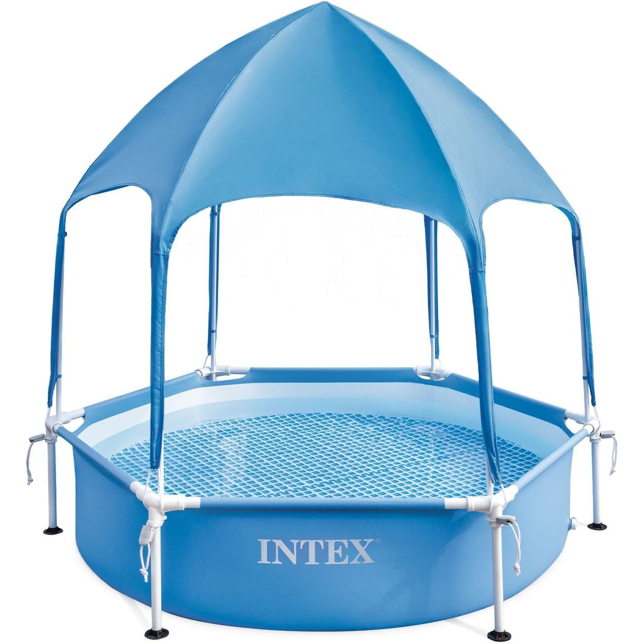 INTEX 28209NP - Metal Frame Pool mit Überdachung (183x38cm) mit Wassersprüher Kinderpool Planschbecken