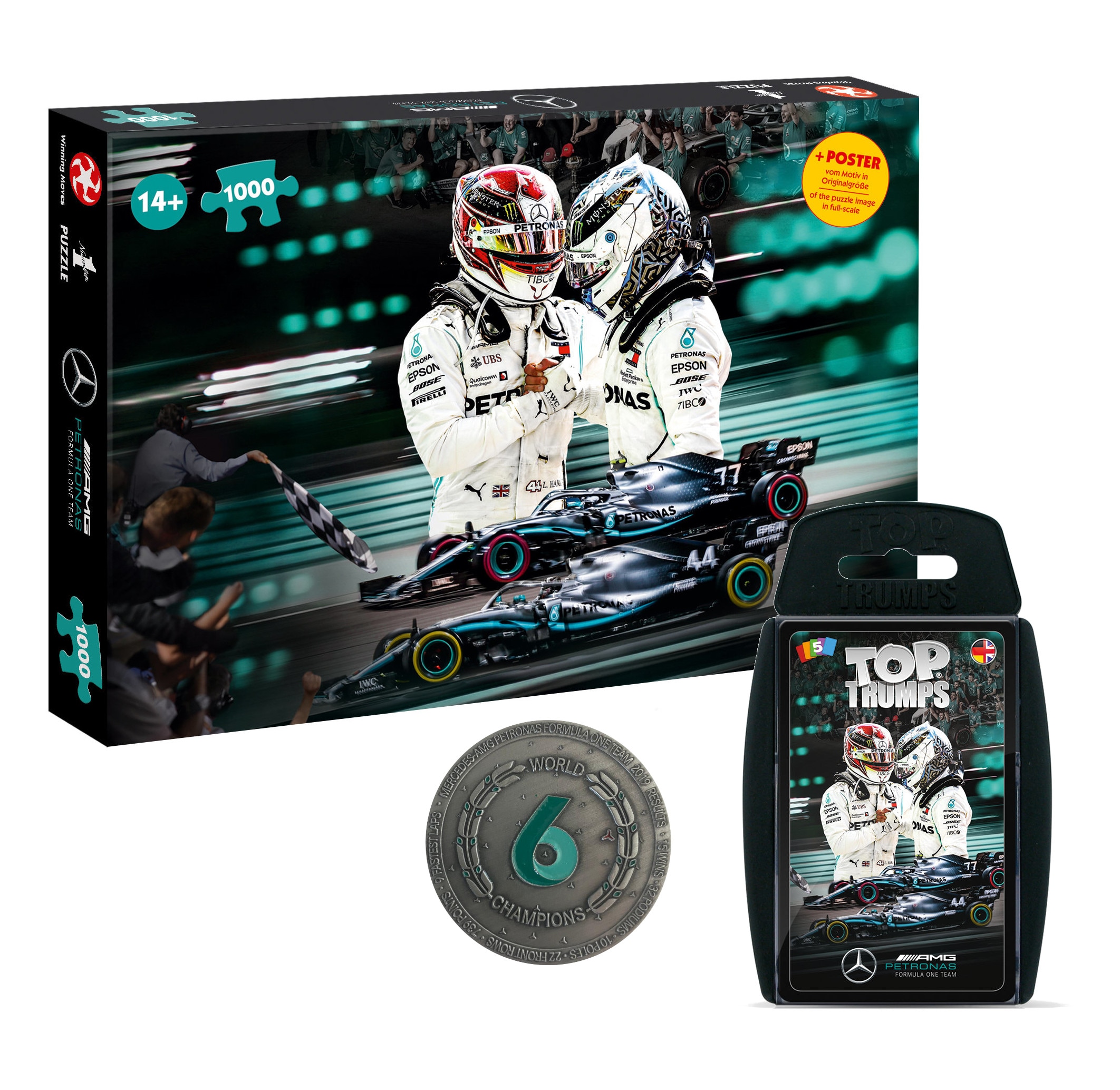 Mercedes Formel 1 Spielepaket: Puzzle + Top Trumps Kartenspiel + Sammler-M&uuml;nze f&uuml;r Motorsport-Fans 