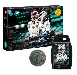 Mercedes Formel 1 Spielepaket: Puzzle + Top Trumps Kartenspiel + Sammler-Münze für Motorsport-Fans 