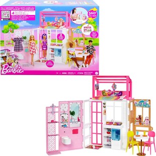 Mattel HCD47 Barbie 2-stöckiges möbliertes Spielhaus mit Zubehör (ohne Puppen) Puppenhaus Barbiehaus 