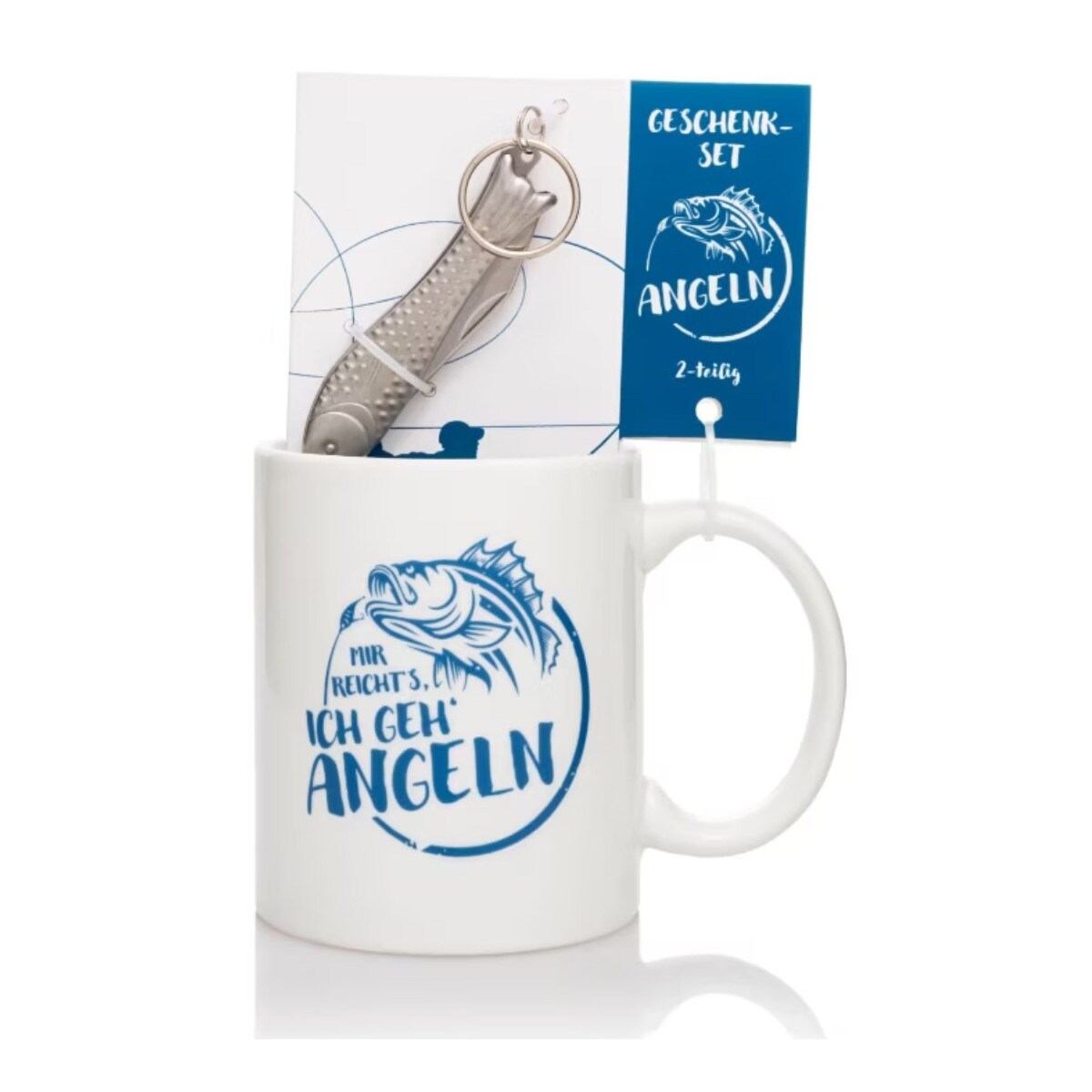 Weltbild 151181307 - Geschenkset Angeln - Tasse und Schl&uuml;sselanh&auml;nger Messerchen Angler Fische 