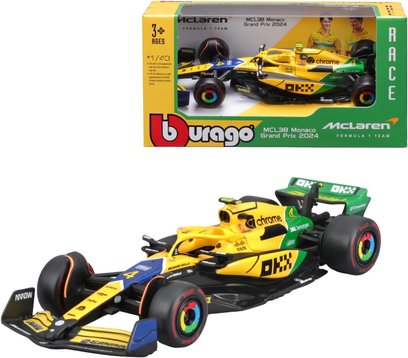 Bburago 18-38214 - Modellauto - F1 MCLaren MCL38 "Monaco (Senna)" #4 Norris, '24 (Ma&szlig;stab 1:43) 