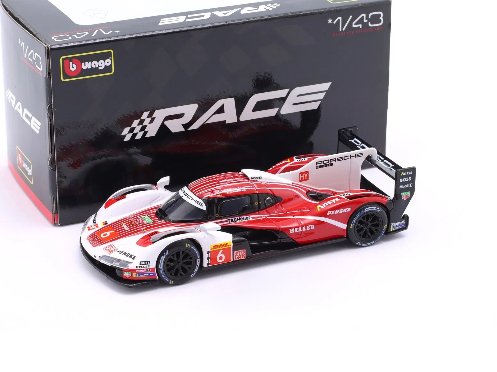 Bburago 18-60057 - Modellauto - Porsche 963 PENSKE #6, '24 (Ma&szlig;stab 1:43) Sammler Motorsport Rennauto 