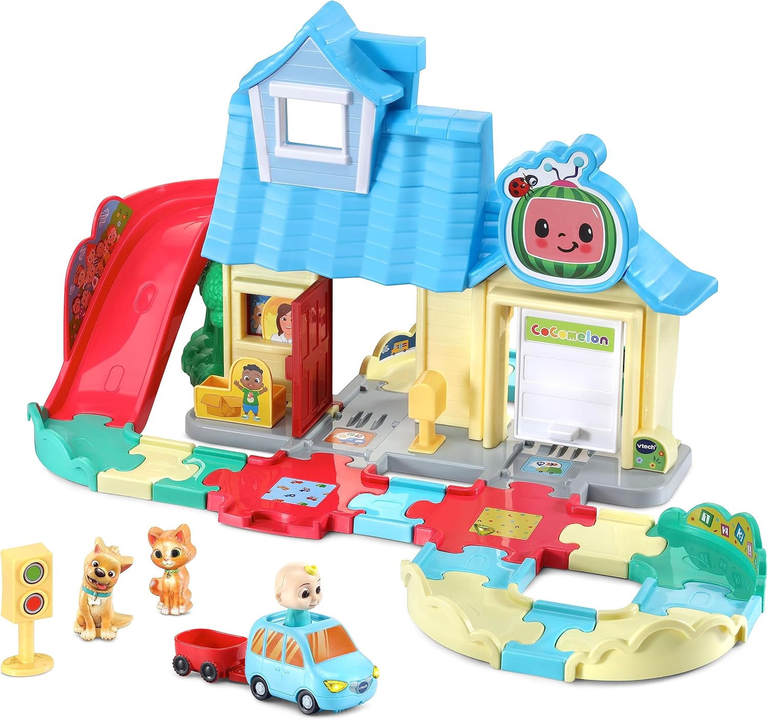 VTech CoComelon Tut Tut Baby Flitzer JJs Spielhaus Lernset mit Auto und Tieren 