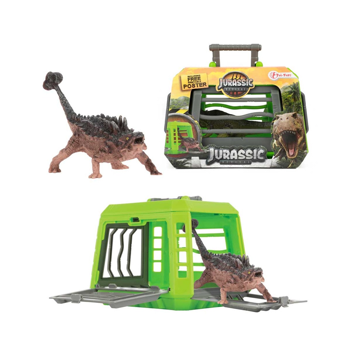 Toi-Toys 37540Z WORLD OF DINOSAURS &ndash; Dinosaurier im K&auml;fig - Tragekoffer mit Figur &ndash; Dino Spielzeug Ankylosaurus 
