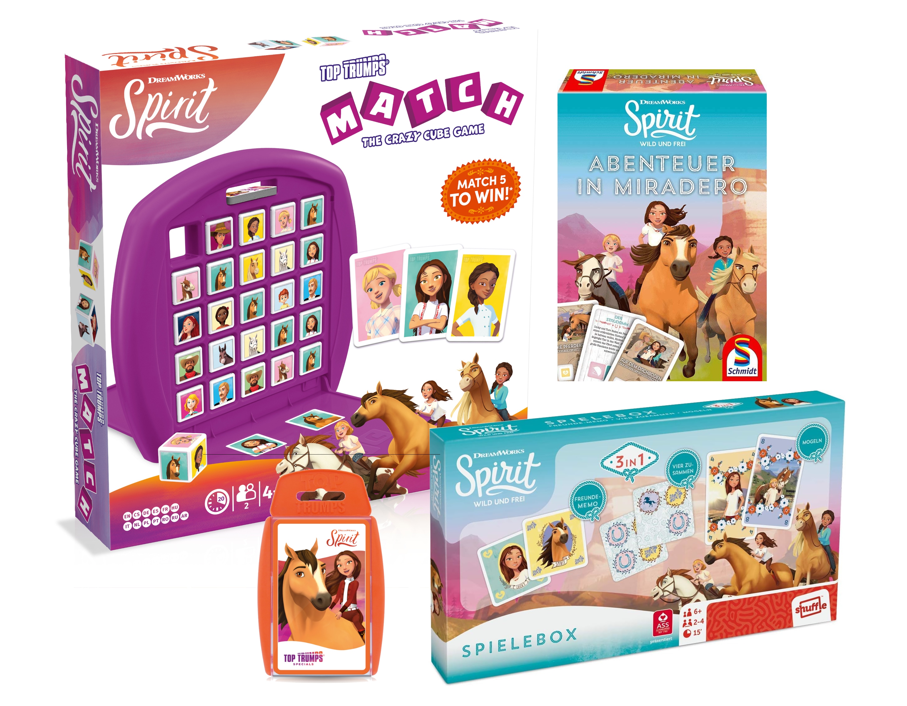 Spirit Riding Free Spiele Bundle Top Trumps Match Kartenspiel Quartett 3in1 Box Kinder 