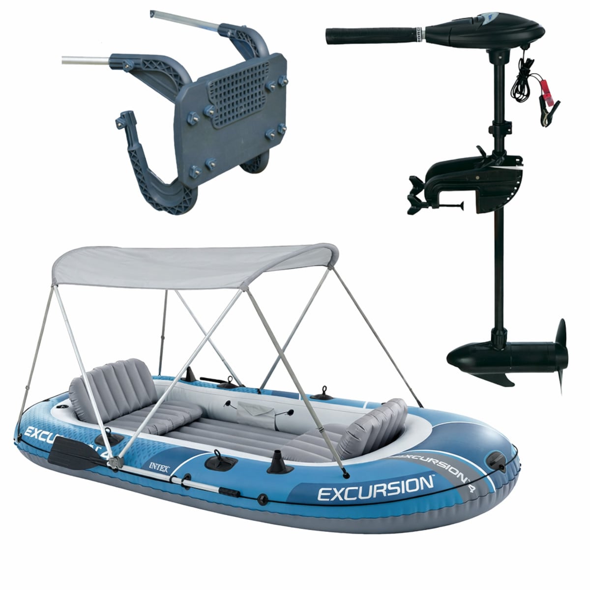 INTEX Schlauchboot Set Excursion 4 mit Motor Paddeln Pumpe Verdeck Paddelboot 