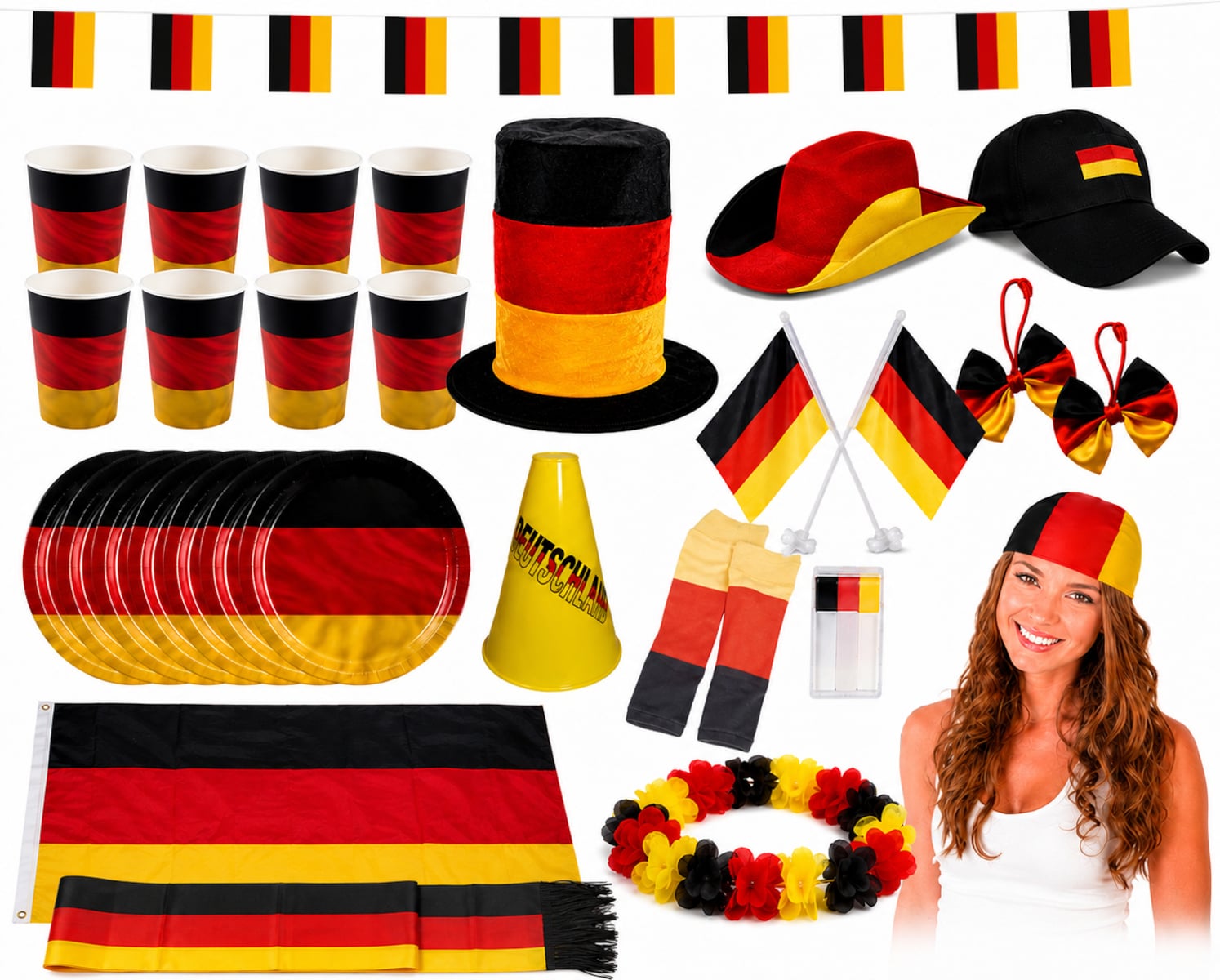 Gro&szlig;es Deutschland Fan-Set (30-teilig) EM WM anfeuern schwarz rot gold Fu&szlig;allparty 