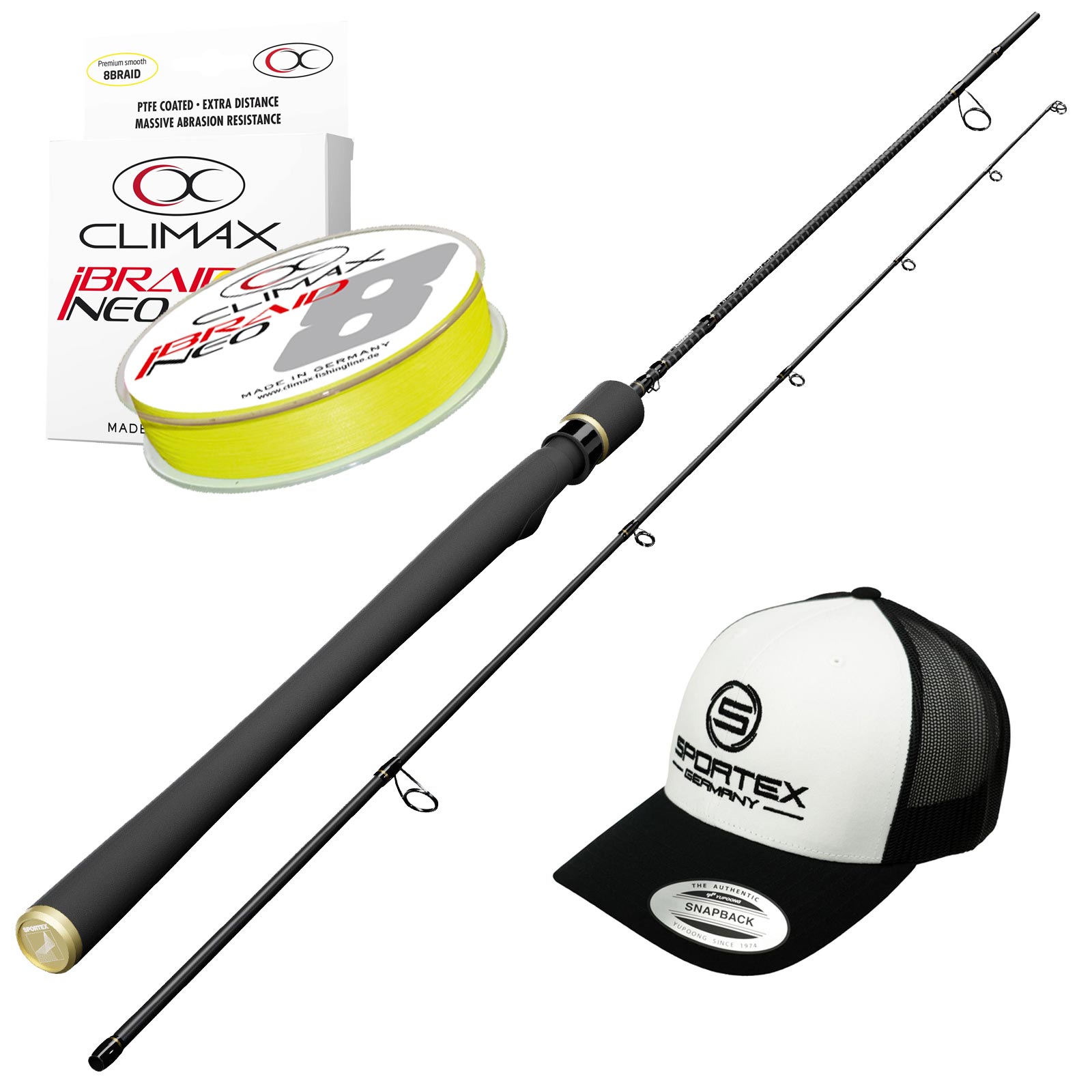 Power-Spinn-Komplettset &ndash; Sportex Curve 240 + Climax iBraid 0,14 + Cap 