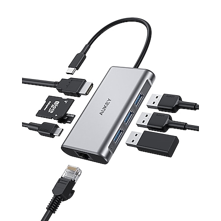 AUKEY CB-C91 8 in 1 USB C Hub mit 4K HDMI, Gigabit Ethernet Port Silber, 1 USB Power Delivery-Ladeanschluss und SD & Micro SD Kartensteckplätze. 
