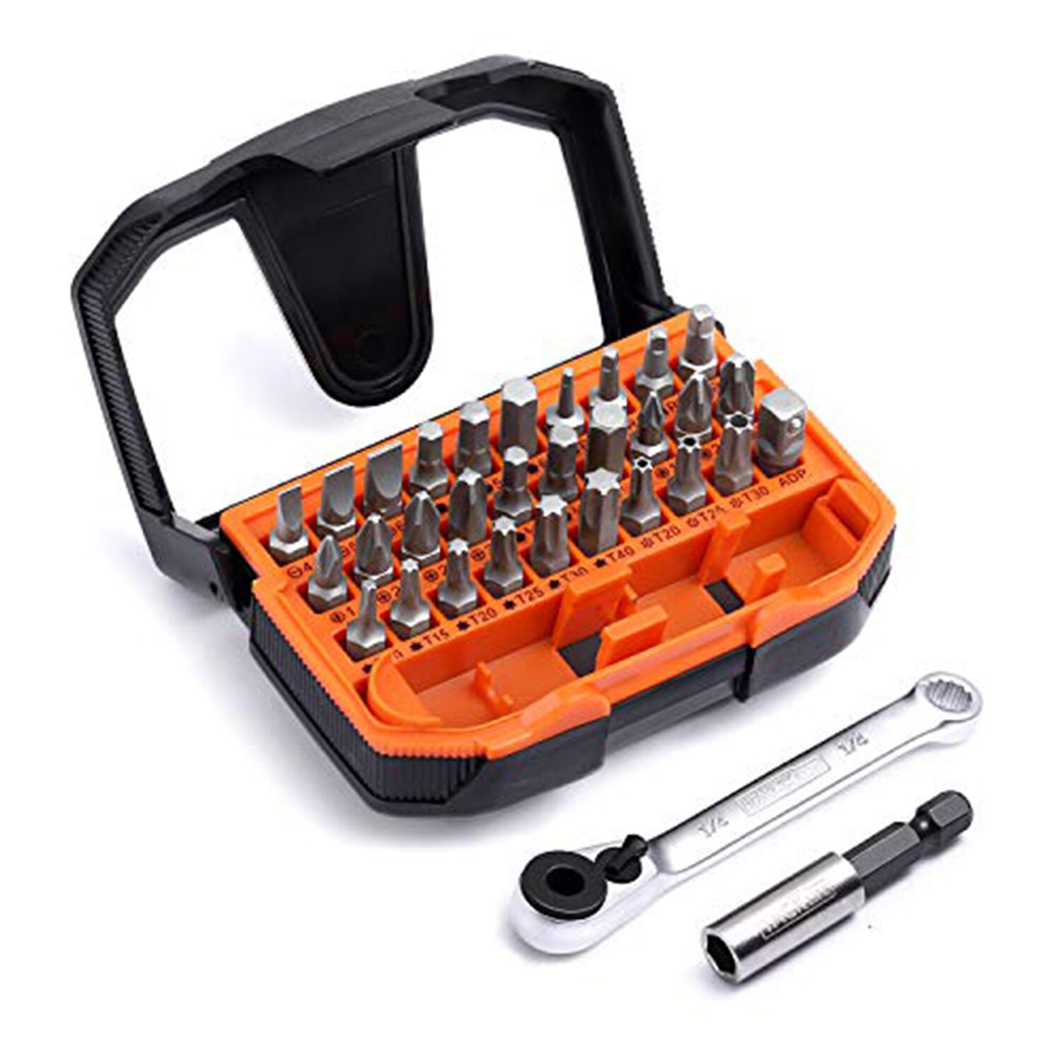Tacklife HBWS1A 32 teilig. 1/4" Mini-Ratschenschraubendreher-Bit-Satz, inkl. Verl&auml;ngerungsbithalter und Steckdosenadapter, 72-Zahn-Getriebe mit hohem Drehmoment, 30 Multi-Bits f&uuml;r Ratschenschl&uuml;ssel, Schraubendreher oder Bohrmaschine 