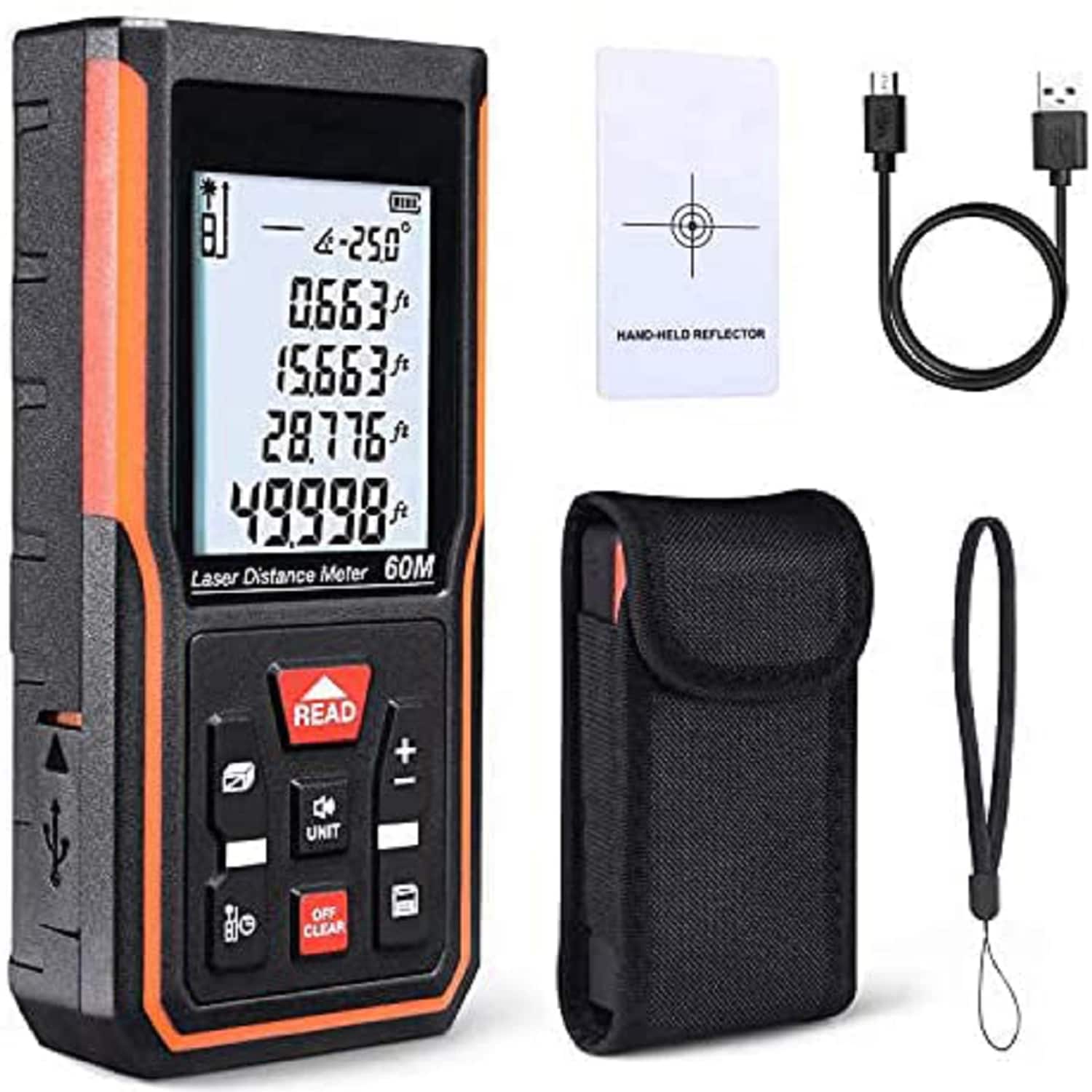 TACKLIFE S5-60, 60 m Laser-Entfernungsmesser, Lasermessger&auml;t, USB-Aufladung, &plusmn;2 mm Genauigkeit, elektronischer Winkelsensor, 99 Speicher, m/in/ft/ft+in, einstellbarer Ton, Berechnung von L&auml;nge, Fl&auml;che, Volumen 