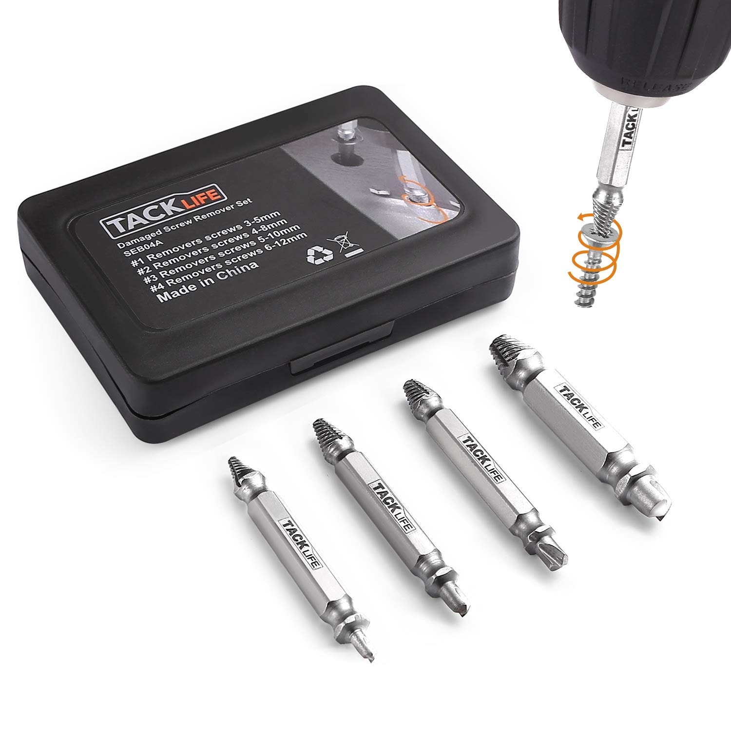 Tacklife Besch&auml;digte Schraube Extraktor Set, 4 Stk. Schraube Entferner mit Fall - SEB04A 