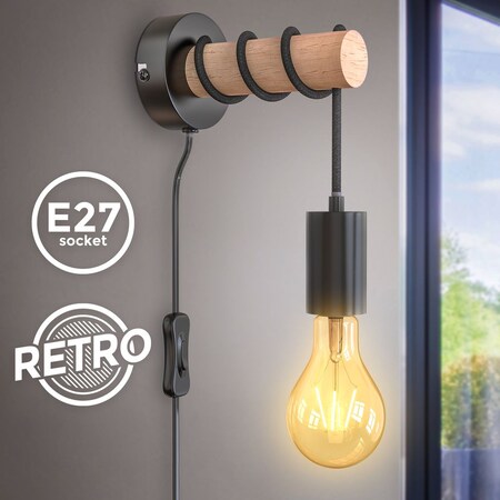 Holz LED online Marktkauf Vintage E27 Metall bestellen Wandleuchte bei schwarz
