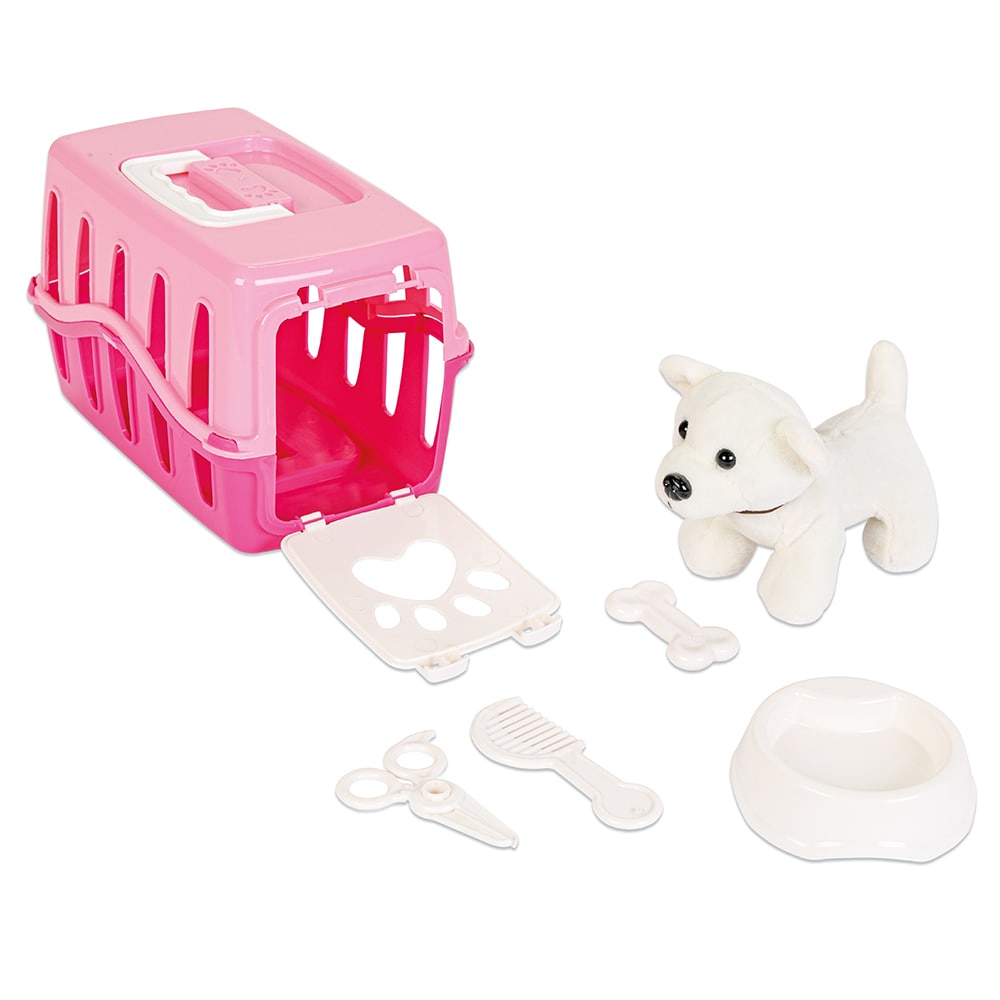 Pilsan 03358 mein erstes Haustier 6-teilig Pl&uuml;schhund Tragek&auml;fig Futternapf Kamm pink 