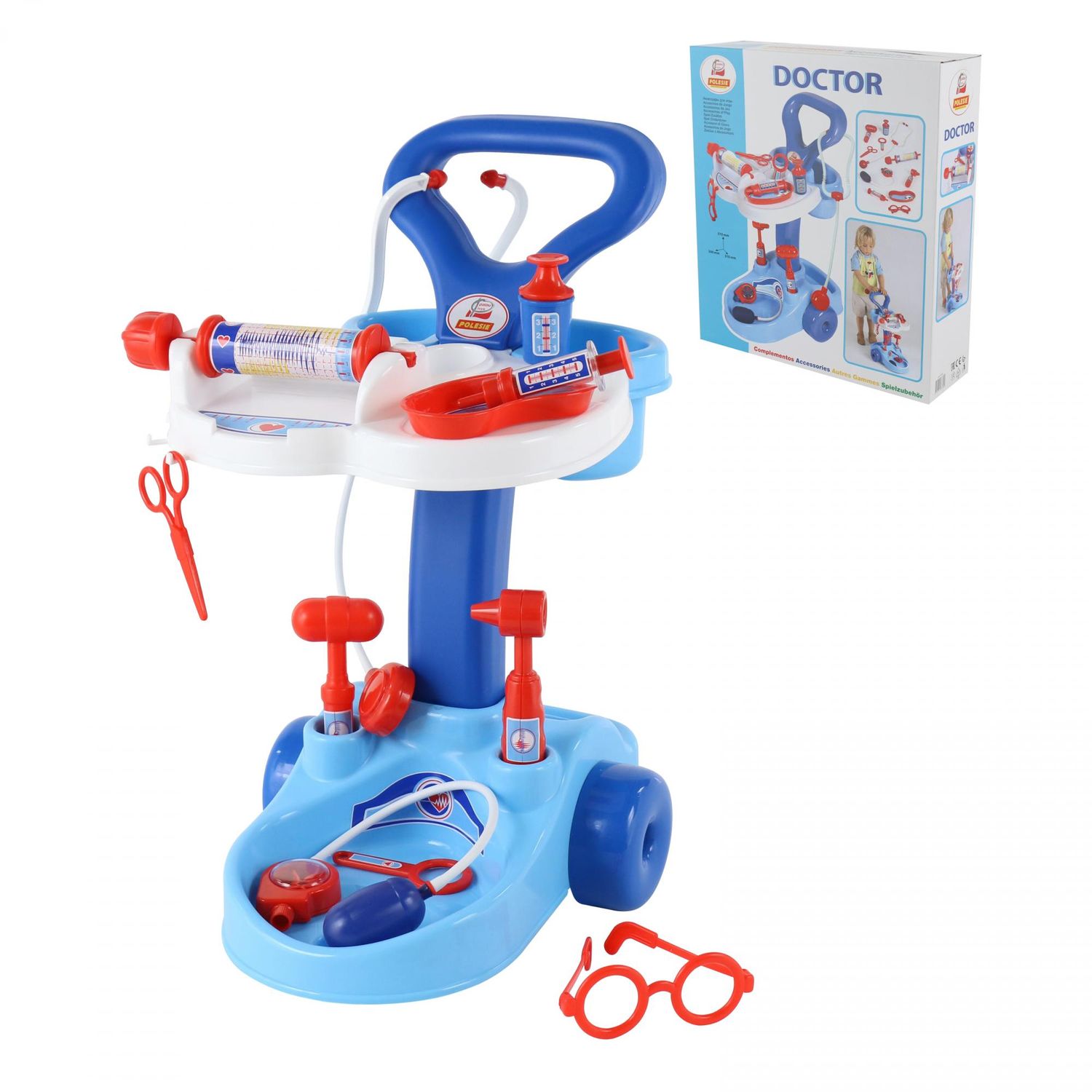 Polesie Kinder Arzt-Set mit Wagen 36582 viel Zubeh&ouml;r Stethoskop Spritze Lupe uvm blau 