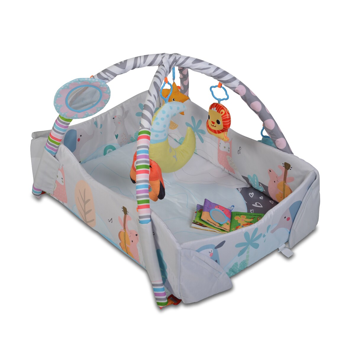 Moni Spielcenter 2 in 1 Oase Krabbeldecke Kissen Spielbogen Spielzeuge B&auml;llebad grau 