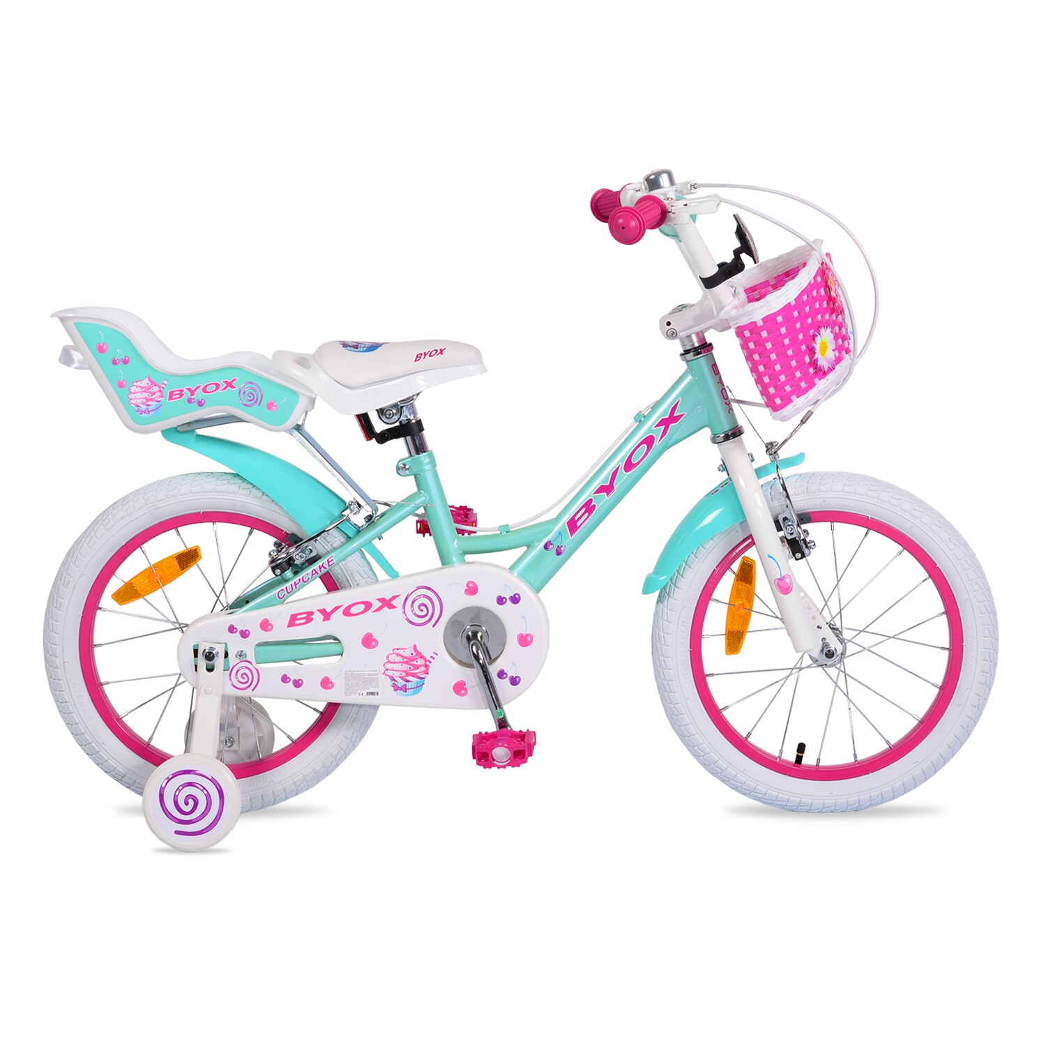 Byox Kinderfahrrad 16 Zoll Cupcake, St&uuml;tzr&auml;dern, Puppensitz, Korb, Metallrahmen pink 