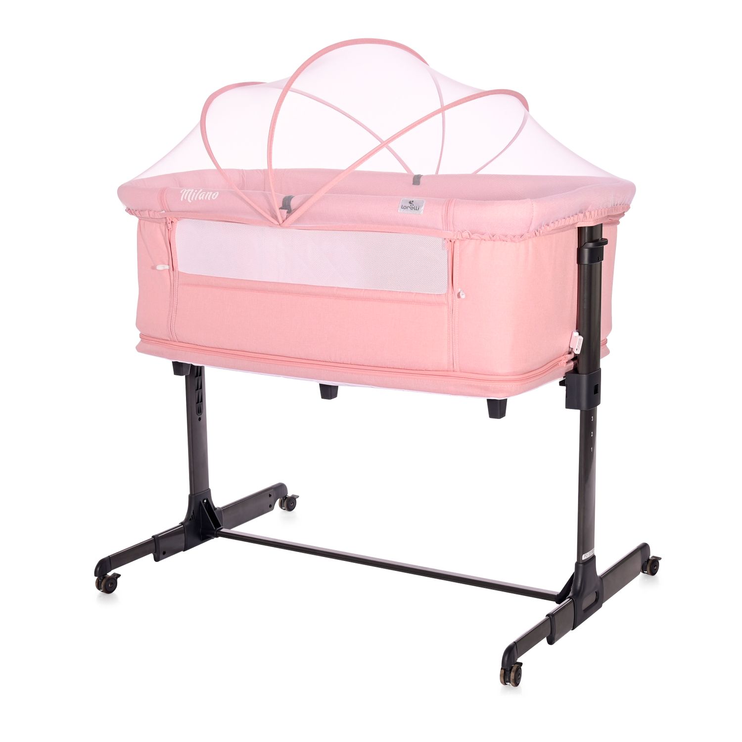 Lorelli Beistellbett Milano 2in1 ab Geburt Matratze h&ouml;henverstellbar Moskitonetz rosa 