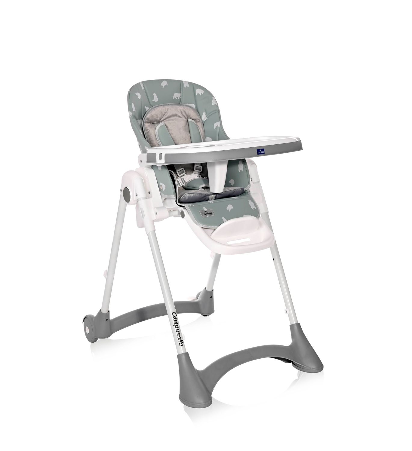 Lorelli Kinderhochstuhl Campanella klappbar Rollen einstellbare H&ouml;he Lehne Gurte blau/B&auml;r 