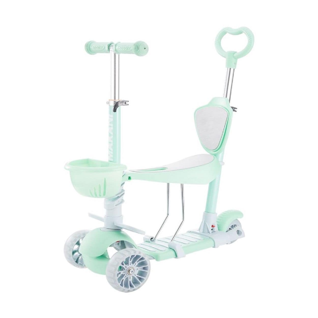 Makani Kinderroller, Dreirad, Laufrad, BonBon 4 in 1, mit Schiebestange, Korb gr&uuml;n 
