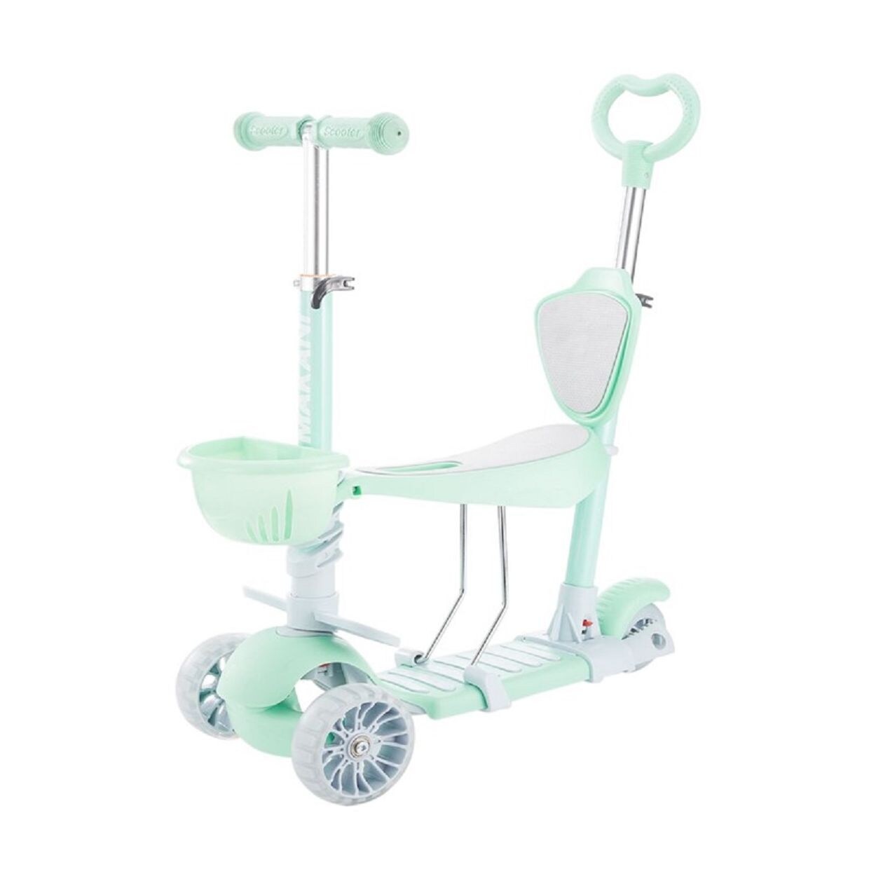 Kinderroller, Dreirad, Laufrad, BonBon 4 in 1, mit Schiebestange, Korb grün