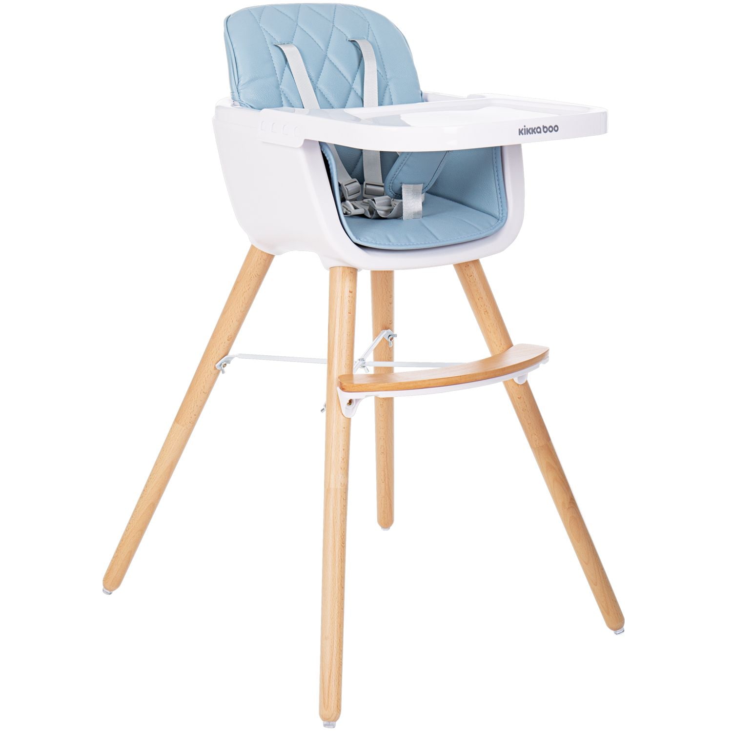 Kikkaboo, Kinderhochstuhl 2 in 1 Woody, Kinderstuhl, Tisch verstellbar, Gurt blau 
