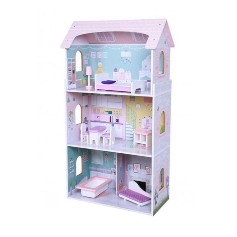 Moni Holz-Puppenhaus Anna 4121, 8-tlg. M&ouml;belset, 3 Etagen, verschiedene R&auml;ume rosa 
