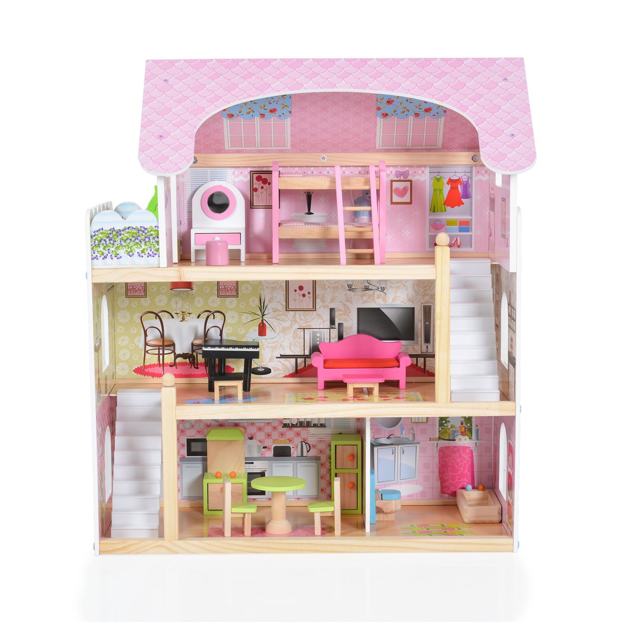 Moni Holz-Puppenhaus Mila 4110, 16-tlg, M&ouml;belset, 3 Etagen verschiedene R&auml;ume bunt 