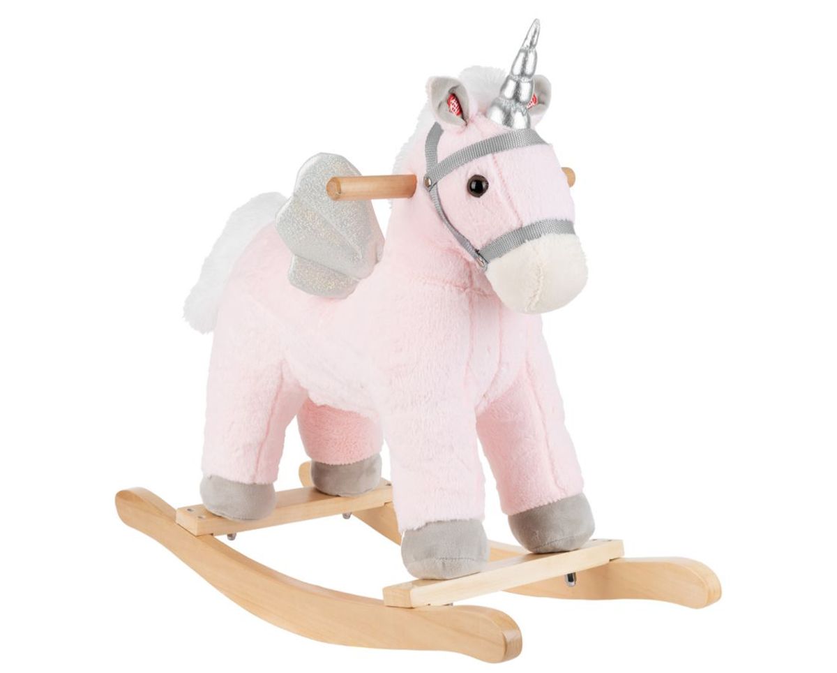 Kikkaboo Schaukeltier Einhorn Pl&uuml;sch Musik Kufen, Sattel, Holzsockel, Steigb&uuml;gel rosa 