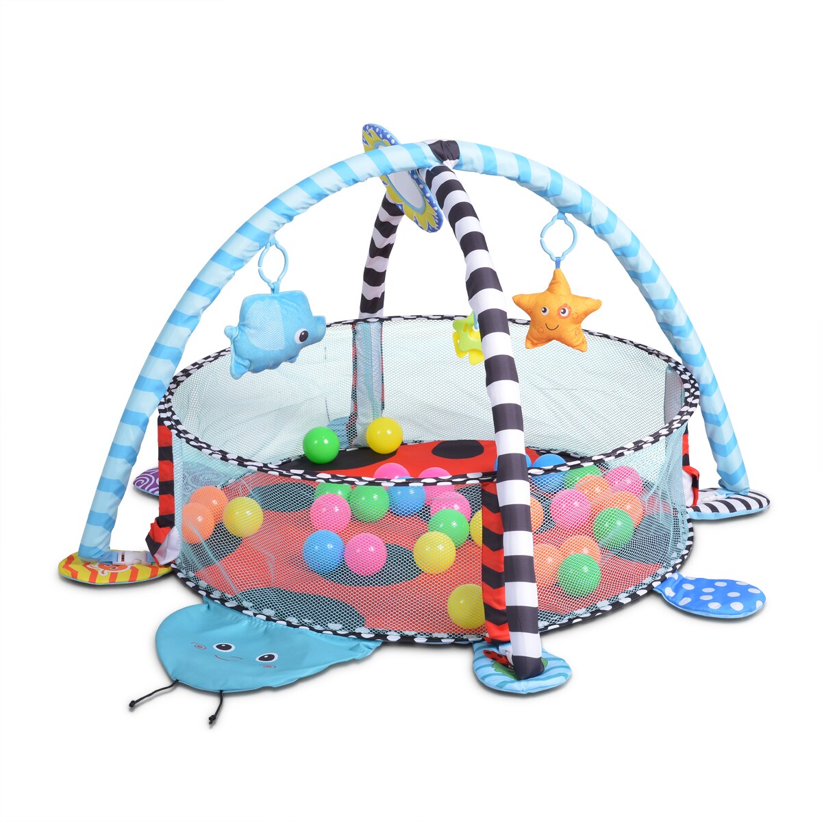 Cangaroo Spielbogen Ladyfly 2 in 1 Krabbeldecke, B&auml;llebad, 30 B&auml;lle, Stofftiere blau 