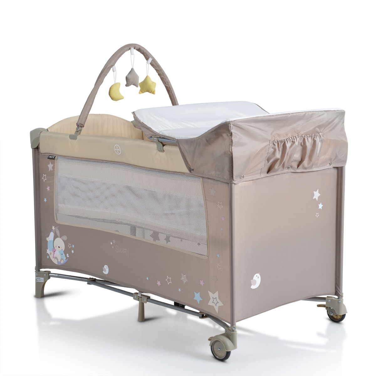 Moni Reisebett Sleepy Rollen, Wickelauflage, Matratze, Spielbogen, Seiteneingang beige braun 