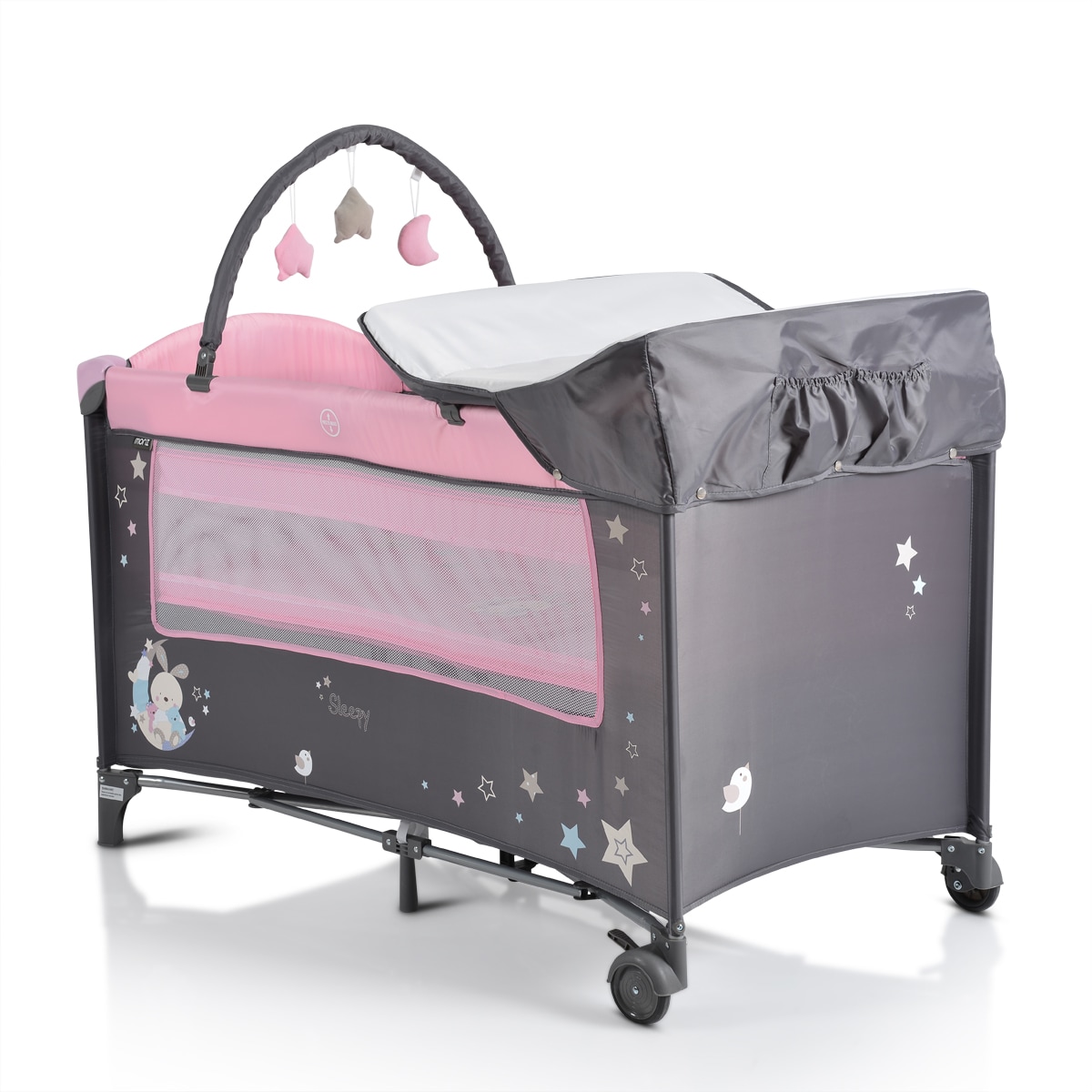 Moni Reisebett Sleepy Rollen, Wickelauflage, Matratze, Spielbogen, Seiteneingang grau pink 