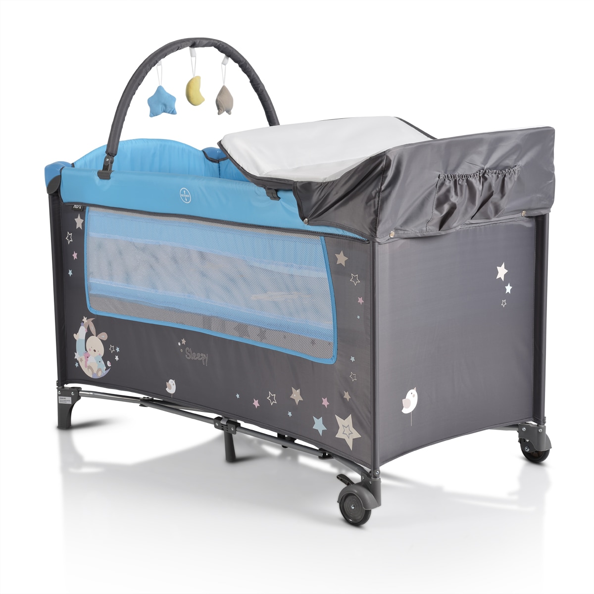 Moni Reisebett Sleepy Rollen, Wickelauflage, Matratze, Spielbogen, Seiteneingang grau-blau 