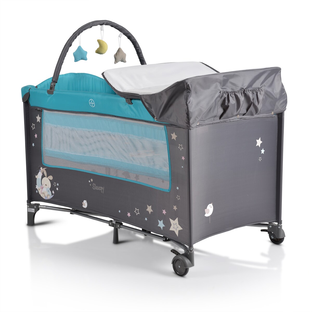 Moni Reisebett Sleepy Rollen, Wickelauflage, Matratze, Spielbogen, Seiteneingang grau t&uuml;rkis 