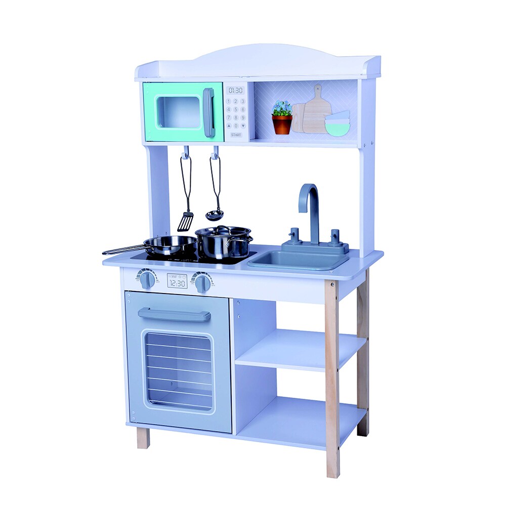 Moni Kinderk&uuml;che Mila Holz 7256A Backofen 2 Kochplatten Sp&uuml;le Mikrowelle Regale hellblau 