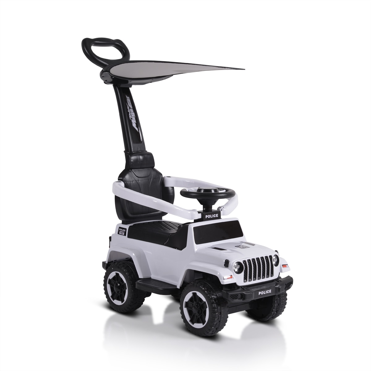 Moni Kinder Rutschauto Police Musikfunktion Schiebestange Dach Sicherheitsb&uuml;gel wei&szlig; 