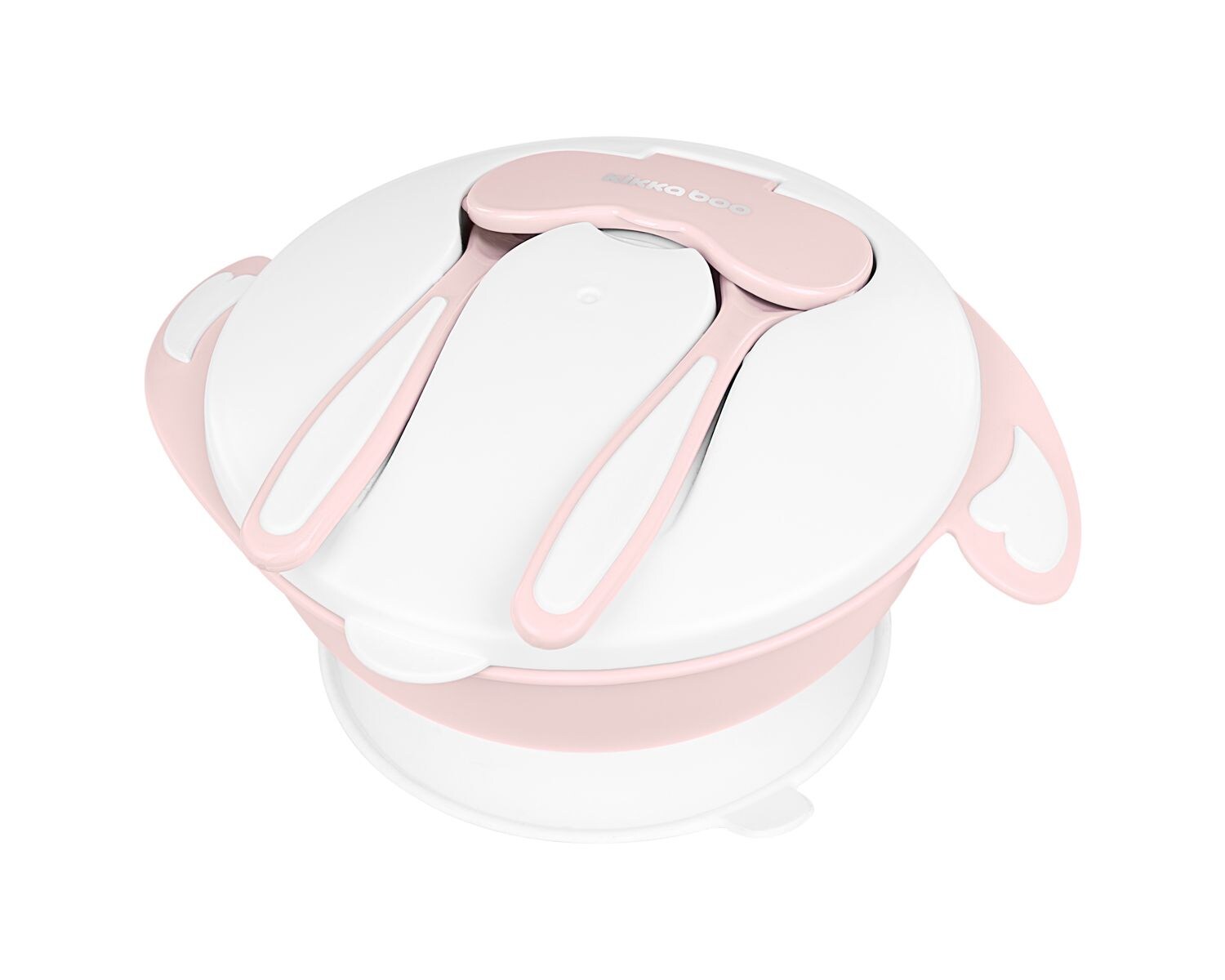Kikkaboo Kinder 4in1 Schüssel-Set Löffel Gabel Teller  Mikrowellen geeignet pink