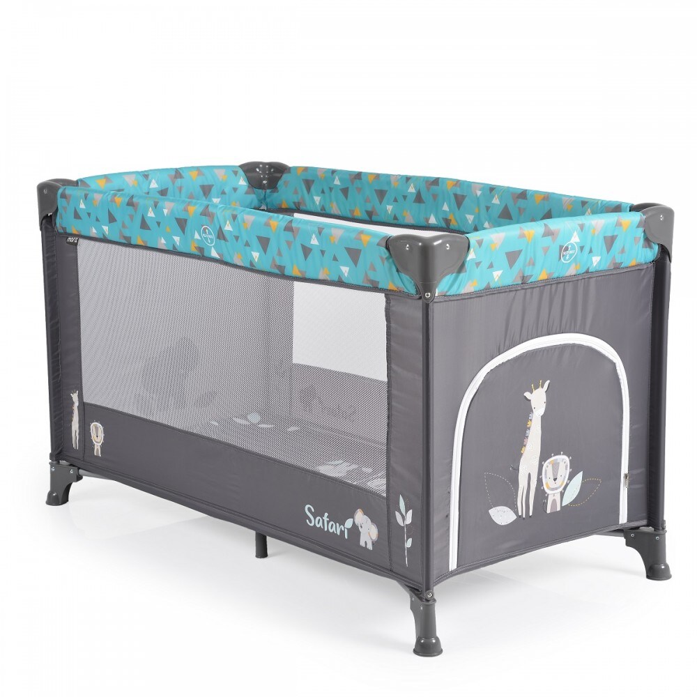 Moni Reisebett, Laufstall Safari Matratze Sichtfenster Seiteneingang Tragetasche grau t&uuml;rkis 