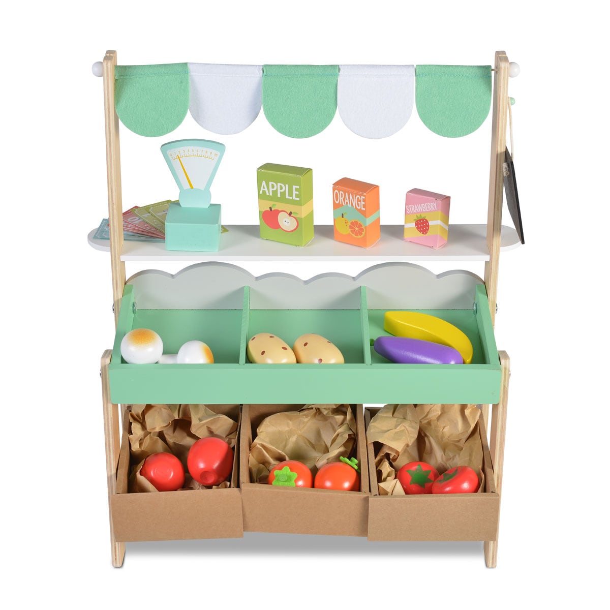 Moni Kinder Marktstand 4425 Holz 50cm hoch Supermarkt Lebensmittel Einkaufsliste gr&uuml;n 