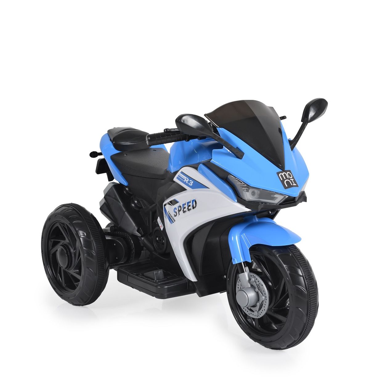 Moni Kinder Elektromotorrad Hurricane drei R&auml;der, Musikfunktion, R&uuml;ckw&auml;rtsgang blau 