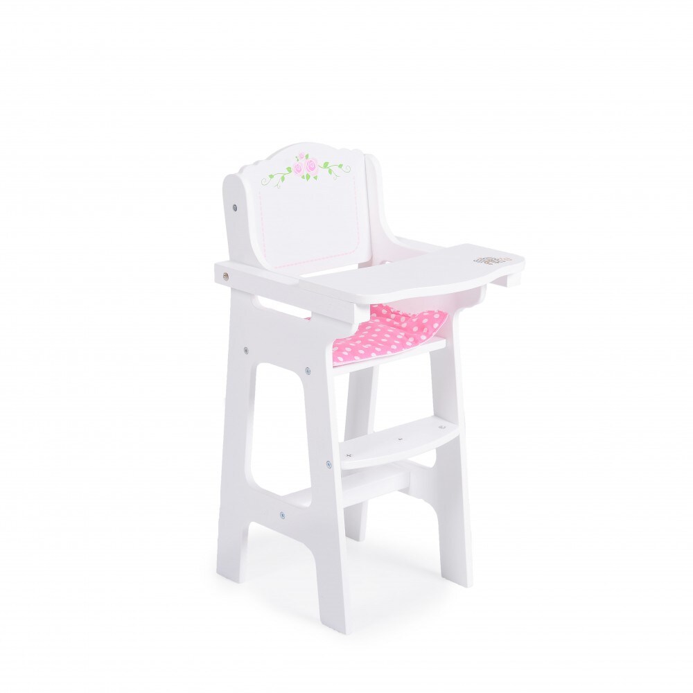Moni Puppenhochstuhl B012 Holz, Polster, 46 cm hoch,  Fu&szlig;st&uuml;tze, Tisch klappbar wei&szlig; 
